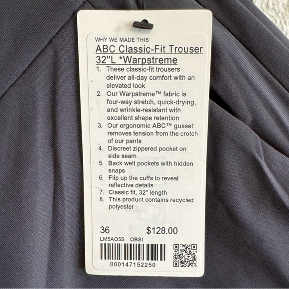 Lululemon ABC Trouser Pant Classic 32” Obsidian Charcoal Gray Black Men’s 36 - Picture 7 of 7